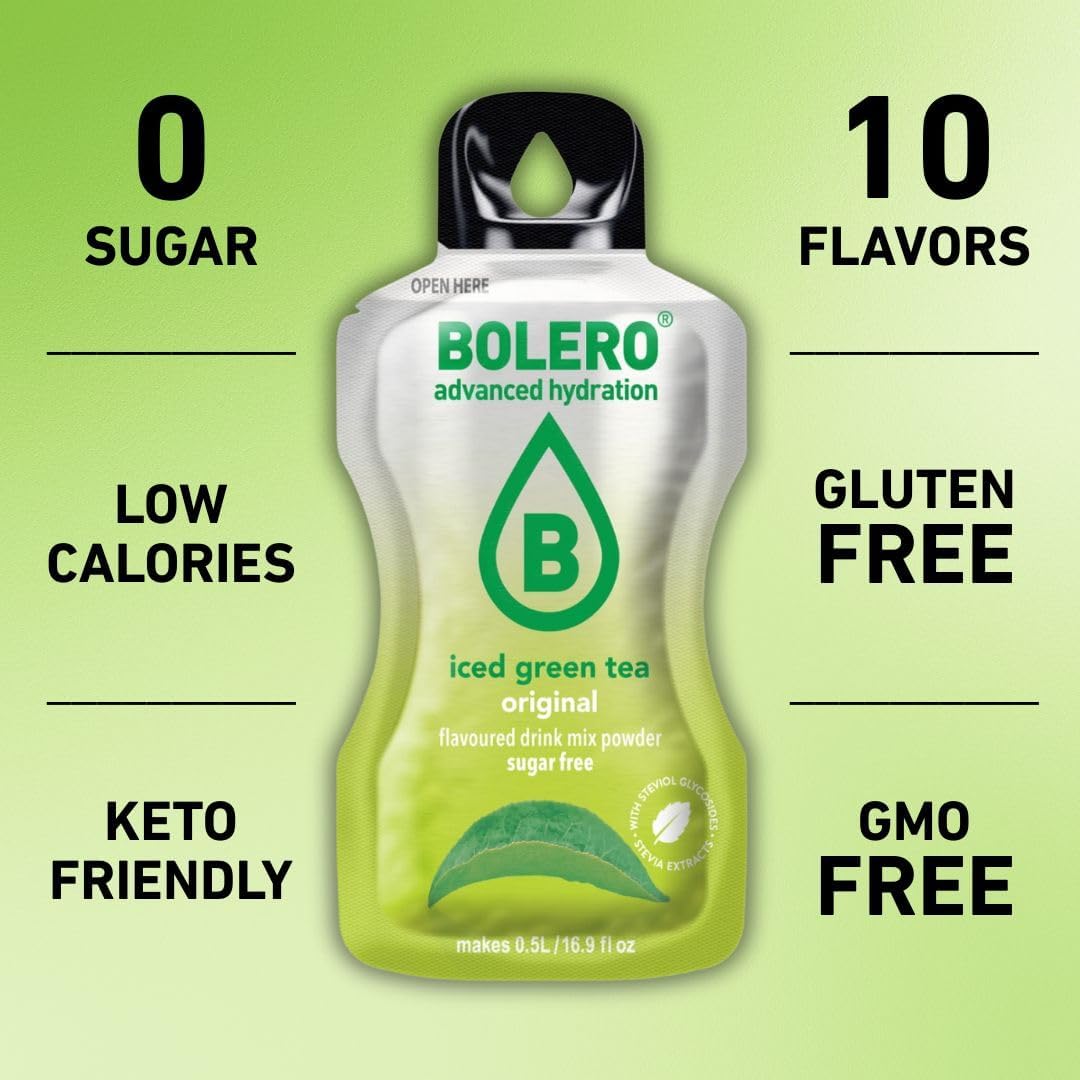 Bolero ICED GREEN TEA 24x3g | Saftpulver ohne Zucker, gesüßt mit Stevia + Vitamin C | geeignet für Kinder, Sportler und Diabetiker | glutenfrei und veganfreundlich (24x3g, CITRUS)