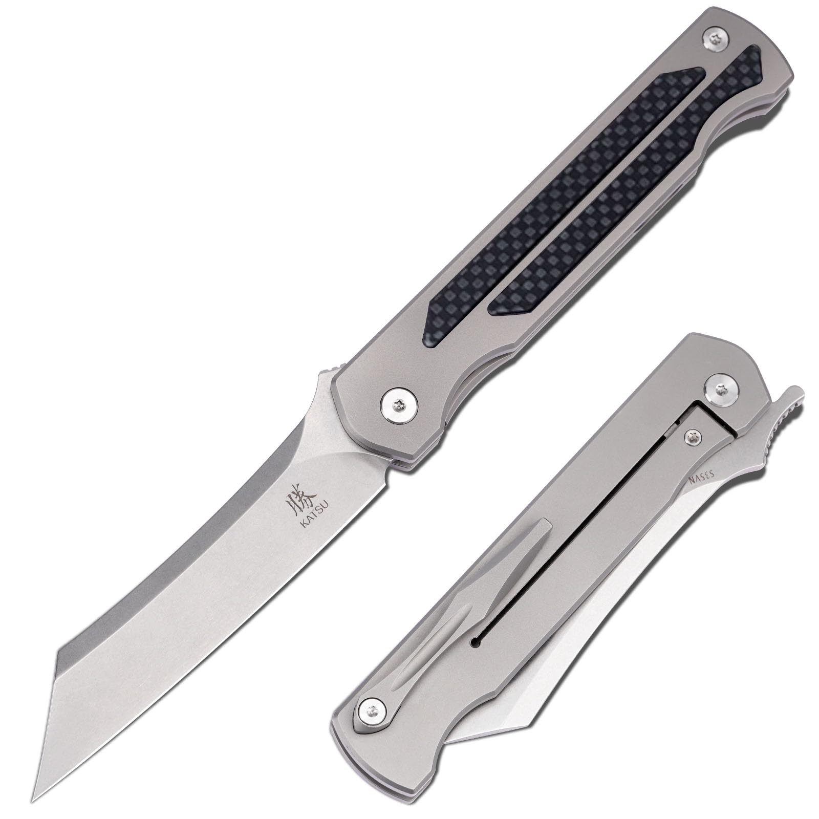 KATSU S35VN Steel Blade Folding Knife,Titanium Pocket Knife for Men Carbon Fiber Handle,Frame Lock Japanese Style Front Flipper EDC Knife with Clip Stonewash Leather Sheath