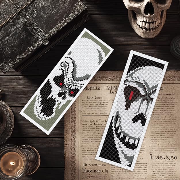 Image of INFUNLY 6PCS Skull Theme Cross Stitch Kit for Beginners 8.5x3 DIY Bookmarks Cross Stitch Kits Black White Horror Embroidery Cross Stitch Kits with Backing Felt Floss Instruction for Book Lovers
