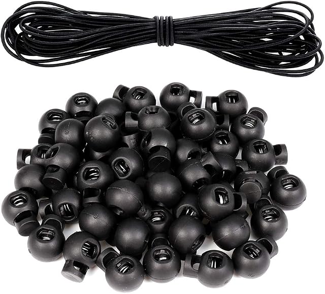 Opopark 50pcs Spring Cord Locks Single Hole Plastic Spring Toggle Stoppers Buttons Small Round Elastic Toggle Sliders with 10m Bungee Rope for Drawstring Bag Shoelace Paracord Camping Hiking Backpack