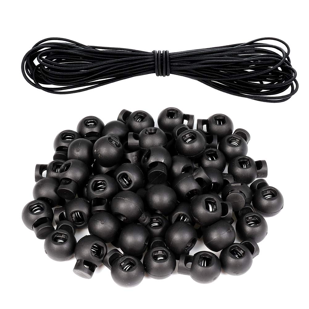 Opopark Black 50Pcs Spring Cord Locks Single Hole Plastic Spring Toggle Stoppers Buttons Small Round Elastic Toggle Sliders With 10M/32 Feet Bungee Rope For Drawstring Bag Shoelace Paracord Camping Hiking