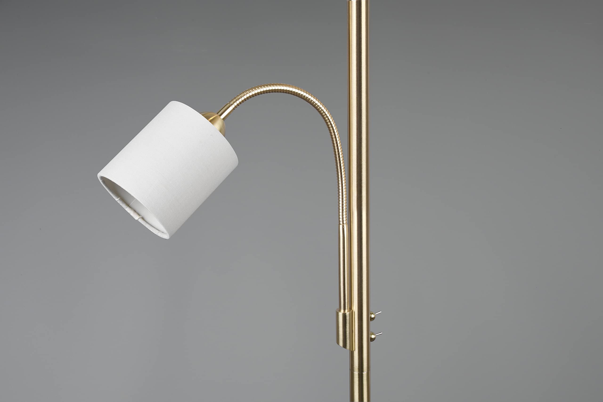 Trio Leuchten Lampa stojąca Hotel 403900208, metal mosiądz matowy, abażur z tkaniny kremowo-biały, bez żarówki 1 x E27 i 1 x E14, z przełącznikiem nożnym, przełączany oddzielnie