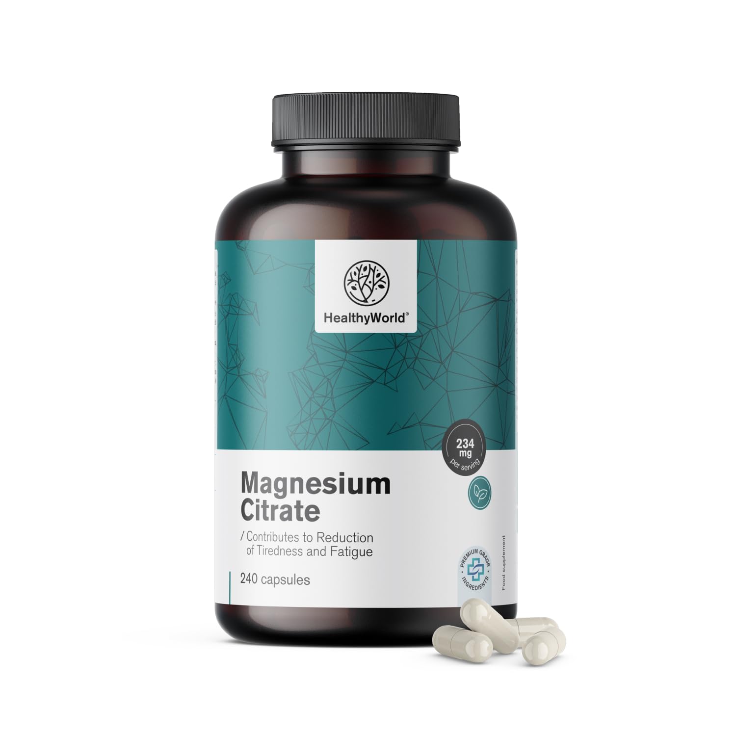 HealthyWorld Cytrynian magnezu 234 mg - 240 Kapsułek Roślinnych - Na ponad 7 Miesięcy - 480 mg Cytrynianu Magnezu i 270 mg Tlenku Magnezu - Na Wsparcie Mięśni i Wzrost Energii