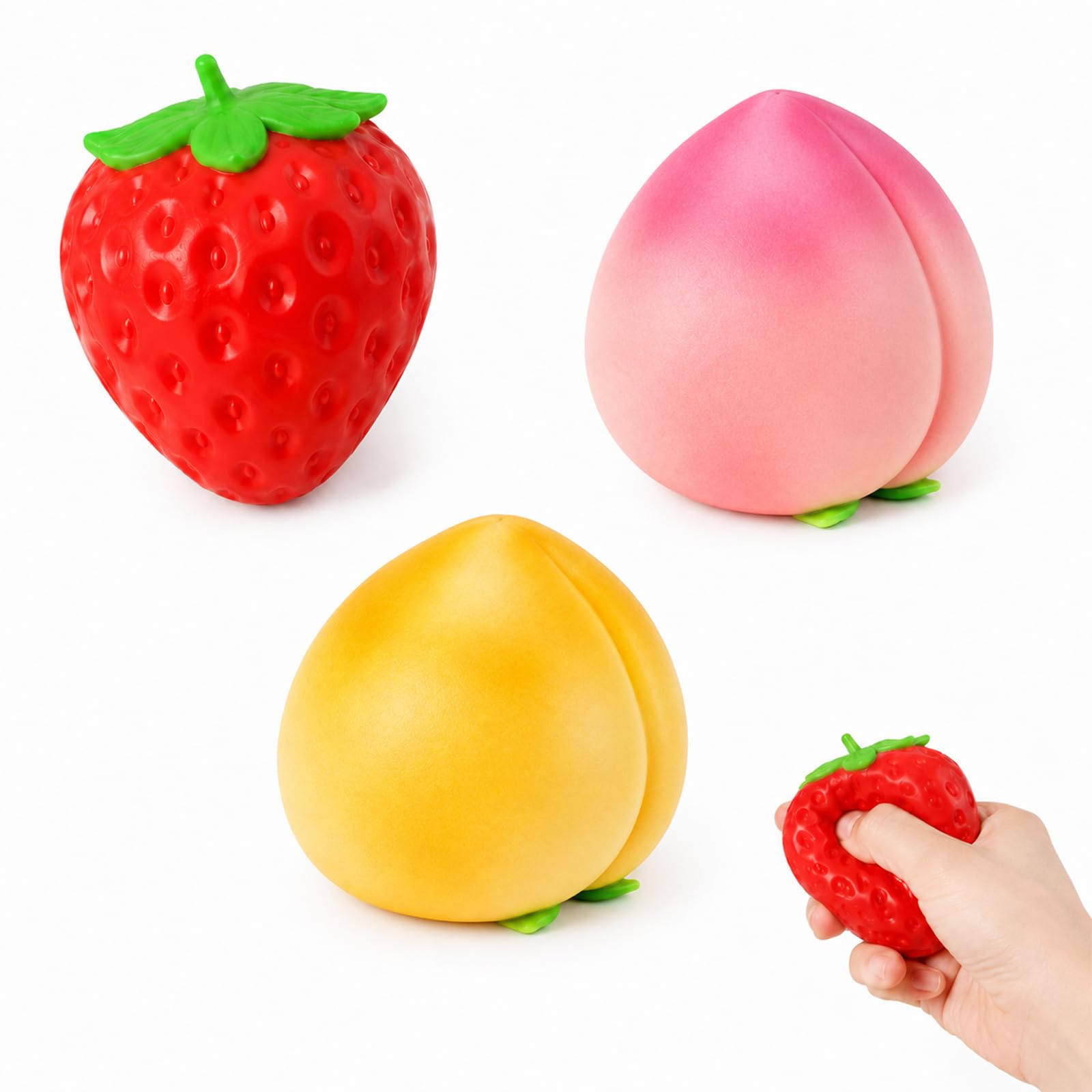 GLQYGZ 3PCS Peach Squishy and Strawberry Squishy Set, Three Piece Collection with Yellow and Pink Peaches and Red Strawberry Design, Handheld Items for Office and Home Environments
