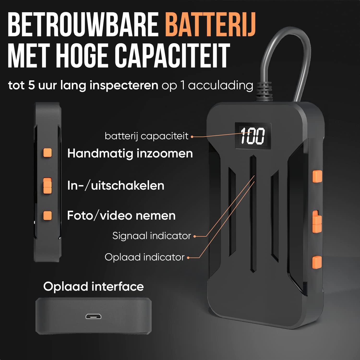 Diagram of the Strex Inspection Camera unit showing controls and charging port