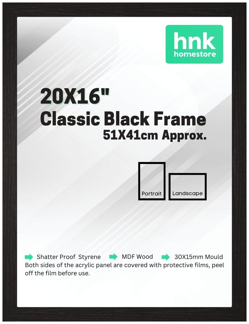 Hnk Homestore Black Hnk Classic Picture Poster Frame, 20X16" Frame, Wood Finish, Portrait, Landscape Display Rectangle 51X41cm Frame ( Picture Frame)