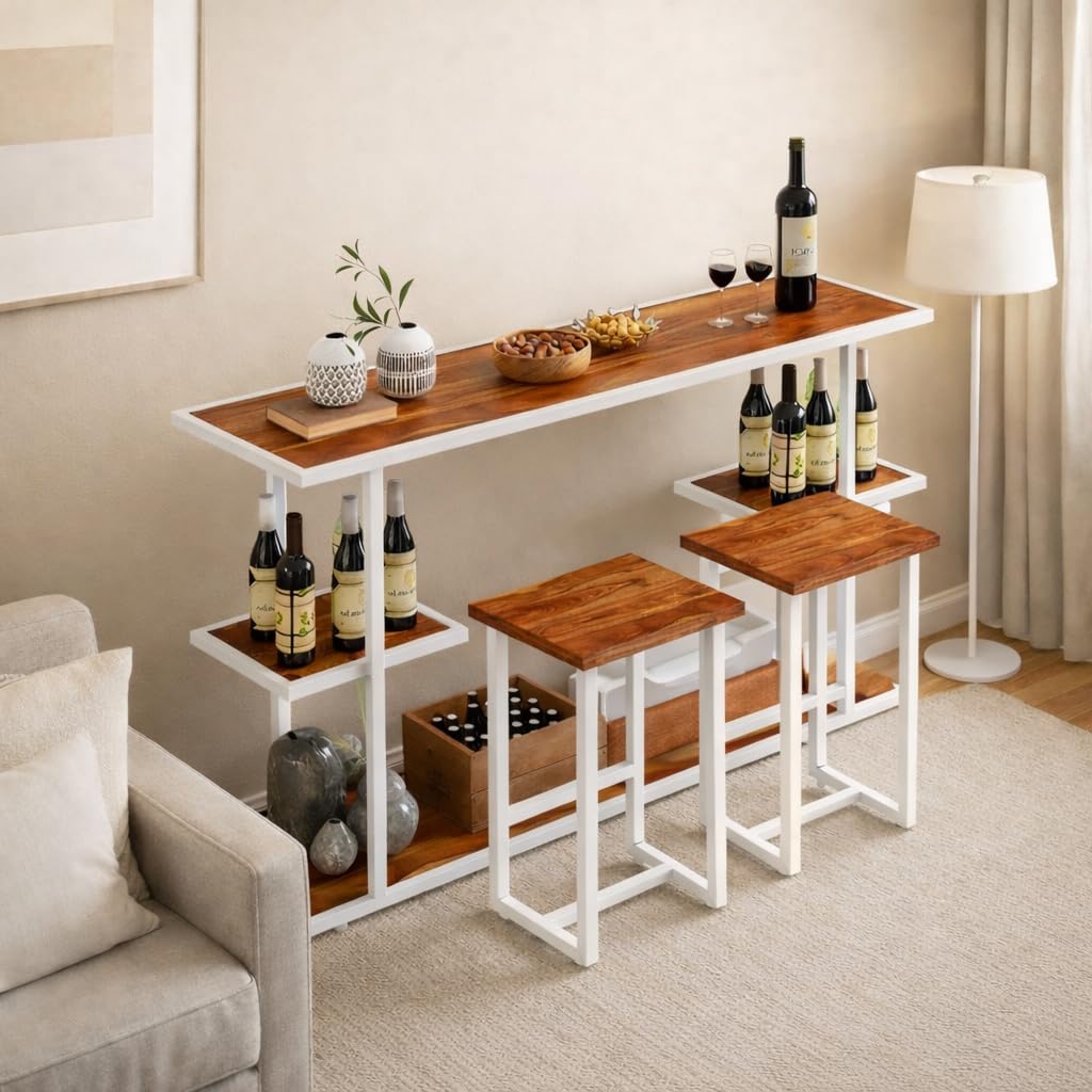 Modern Wine Bar Table Set with 2 Stools & Bottle Storage Rack | Industrial Wooden Bar Counter for Home, Kitchen & Living Room | Space Saving Bar Unit with Metal Frame