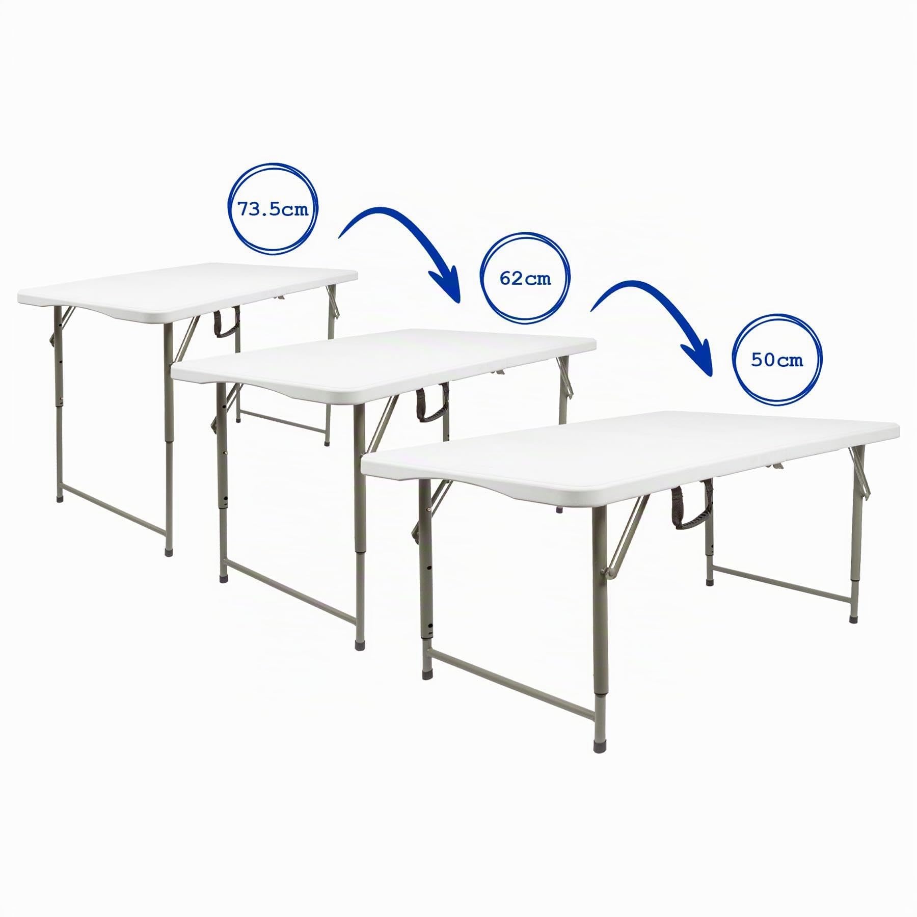 Harbour Housewares Table Pliante Réglable en Hauteur 120 cm Blanche | Plastique robuste, 120x60 cm, hauteur réglable, pliable, structure métallique, poignée de transport