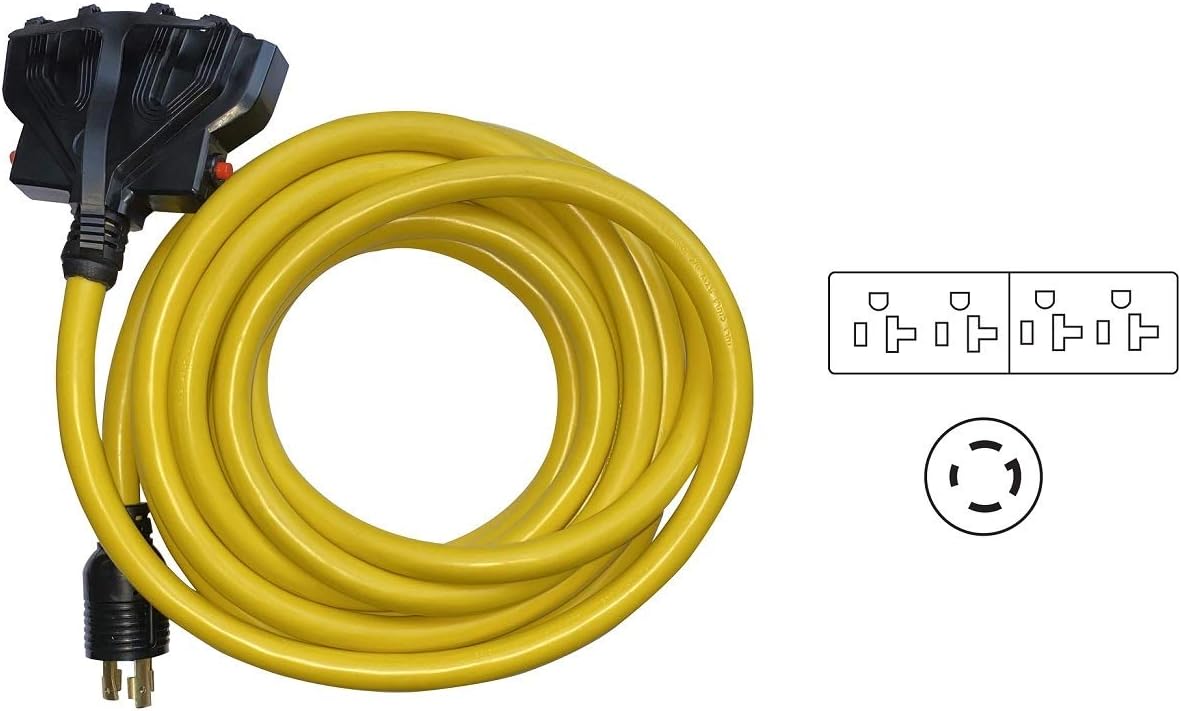 ONETAK NEMA L14-30P to 4 Ports 5-20R 5-15R 20 Amp Over Current Protector SJTW 10 AWG 25 Feet 120V Total Max 30 Amp 3600W Generator Distribution Extension Cord Cable Power Adapter