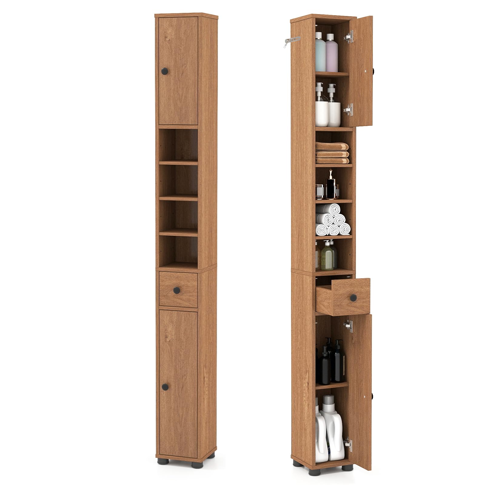LIFEZEAL Colonna Bagno Salvaspazio in Legno, Mobiletto Multiuso con 2 Ante e 1 Cassetto e 5 ripiani Regolabili, 20x20x180cm, Armadio Angolare da Terra con Dispositivo Anti-Ribaltamento (naturale)