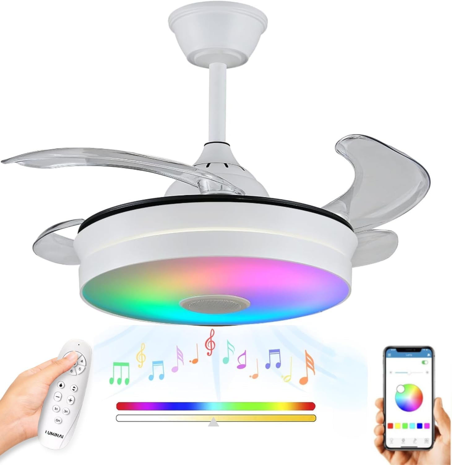 Ceiling Fan with LED Light – Retractable Blades, Music and RGB – Quiet with Lamp and Modern with Remote Control, Bluetooth and APP for Living Room and Bedroom (92 cm)