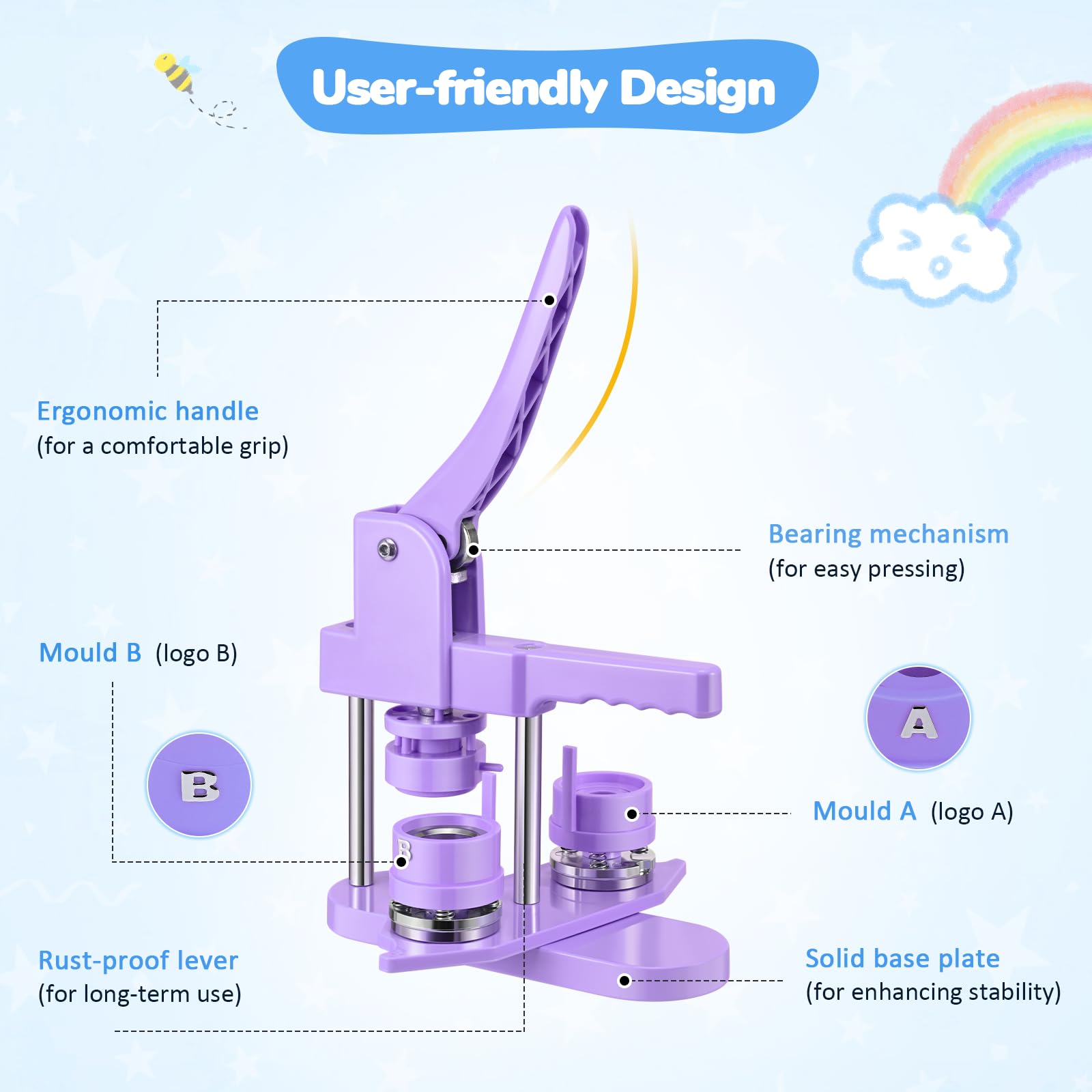 Machine à Badges de 25+32+58 mm, Button Maker 300 Ensembles de Badges en Plastique, Zimiking Machine de Pressage de Badges avec 10 Décapsuleurs, 10 Porte-clés, Moules et Découpe-Papiers Ronds (Violet)