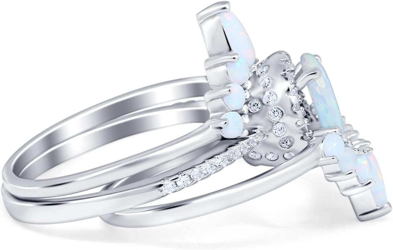 Blue Apple Co. Three Piece Set Oval Halo Lab White Opal Teardrop Art Deco Wedding Engagement Ring Vintage Band Simulated Cubic Zirconia Solid 925 Sterling Silver
