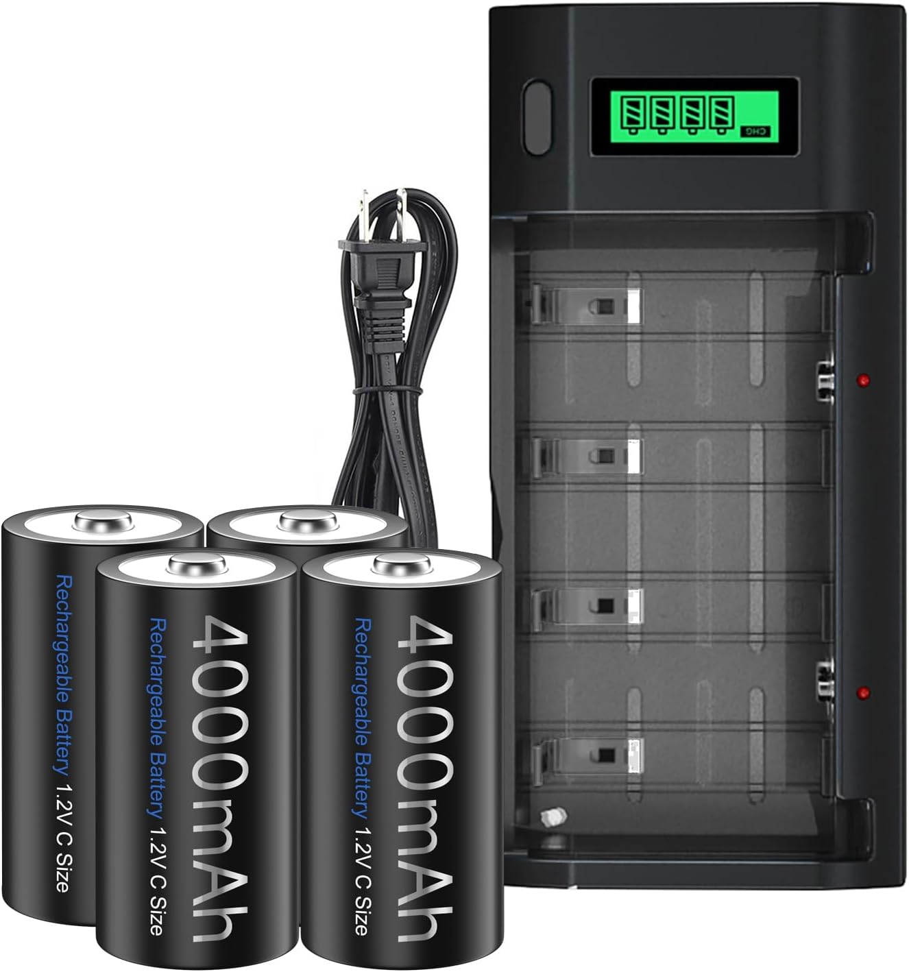 4 Packs Rechargeable C Size Batteries with Charger, Universal LCD Screen Fast Charger for 1.2V AA AAA 9V D C Rechargeable Ni-MH Battery Cell with 4 Pack NiMH C Size Batteries