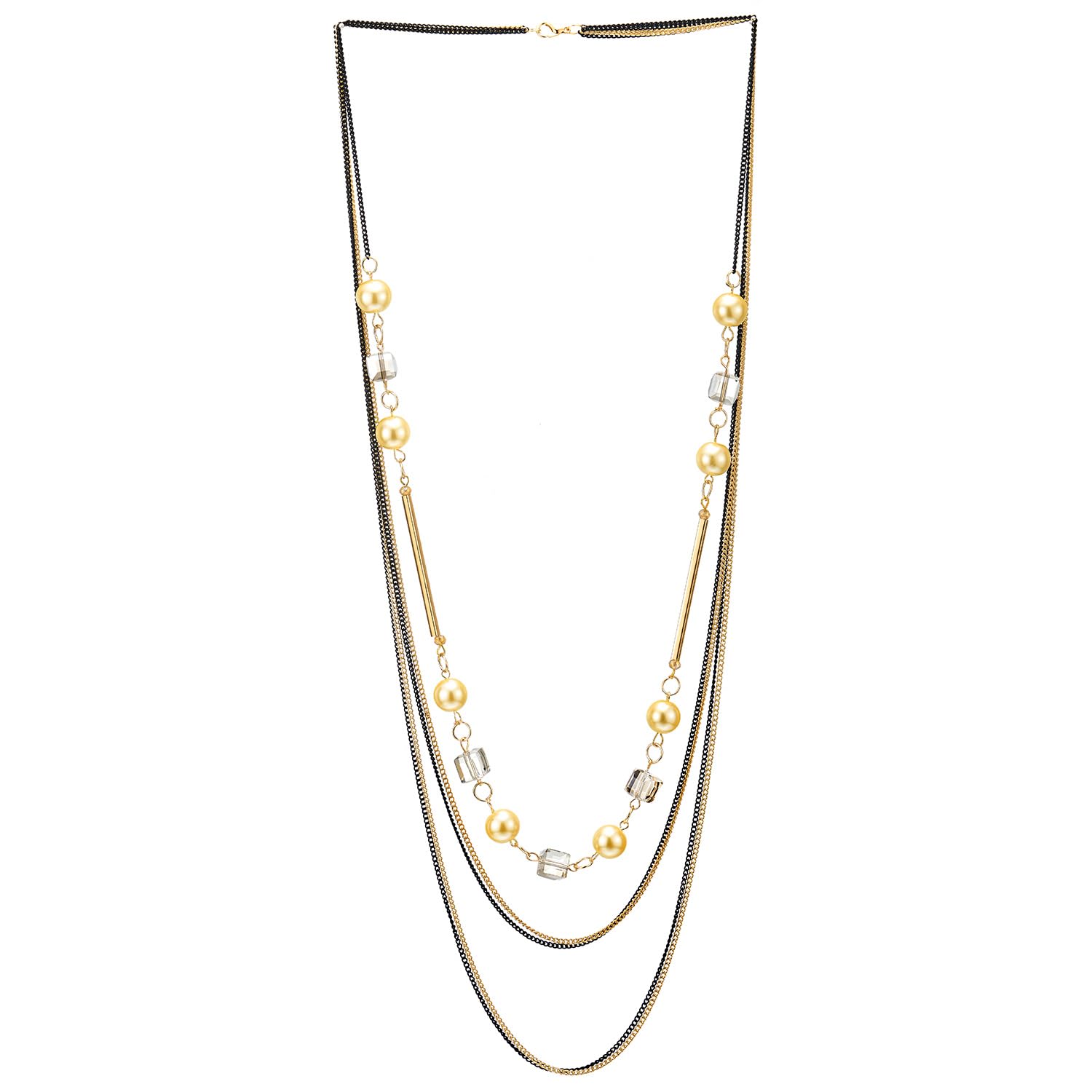 COOLSTEELANDBEYOND Perla y Cristal Largo Collar Statement Collar Oro Negro Multi Capas Largo Cadena, Vestir Fiesta