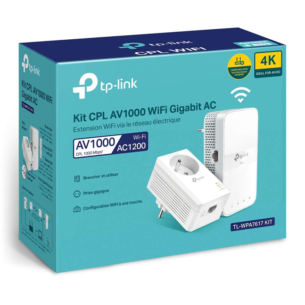TP-Link CPL WiFi AC 1200 Mbps + CPL 1000 Mbps avec Port Ethernet Gigabit et Prise Intégrée, Boitier WiFi Kit de 2 - Solution idéale pour profiter du service Multi-TV à la maison TL-WPA7617(FR)