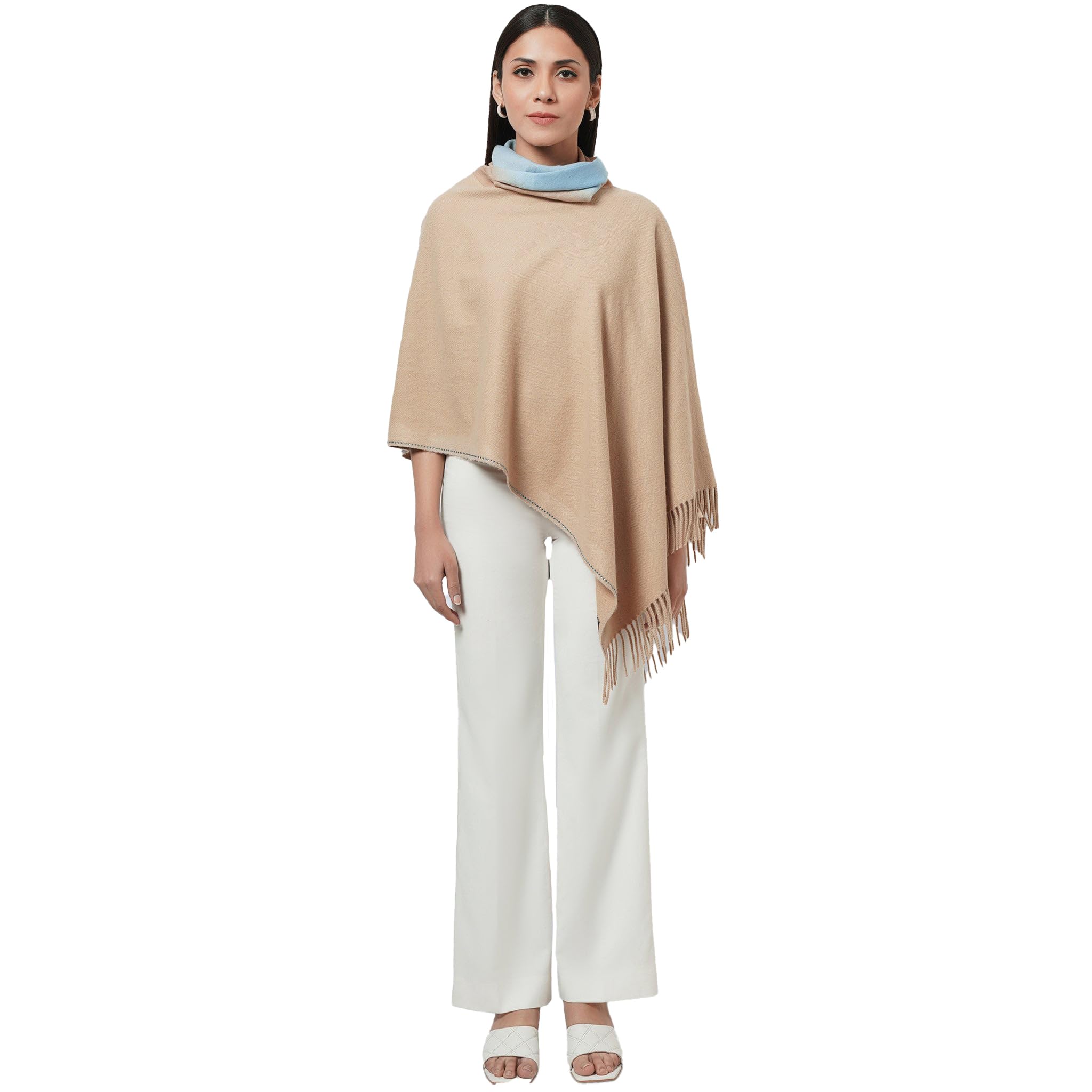 first resort Beige Asymmetrical Cowl Neck Embellished Cashmere Poncho-picture-2