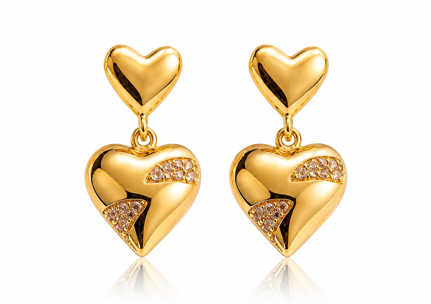 18K Gold Plated Double Heart Drop Earrings with Rhinestones-picture-11