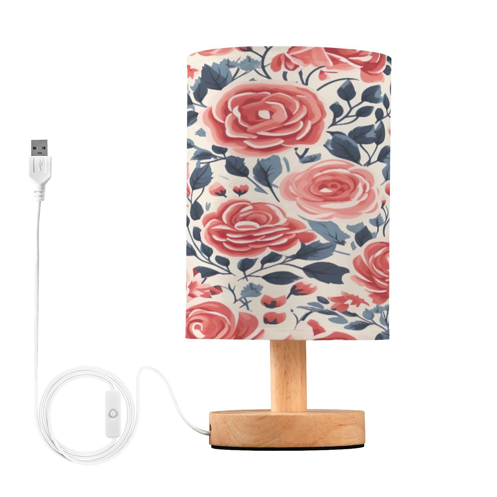 SDMKA Vintage Floral Rose Bedside Table Lamp for Bedroom, Minimalist Nightstand Lamp with Round Fabric Shade for Living Room, Office, No Bulb Required