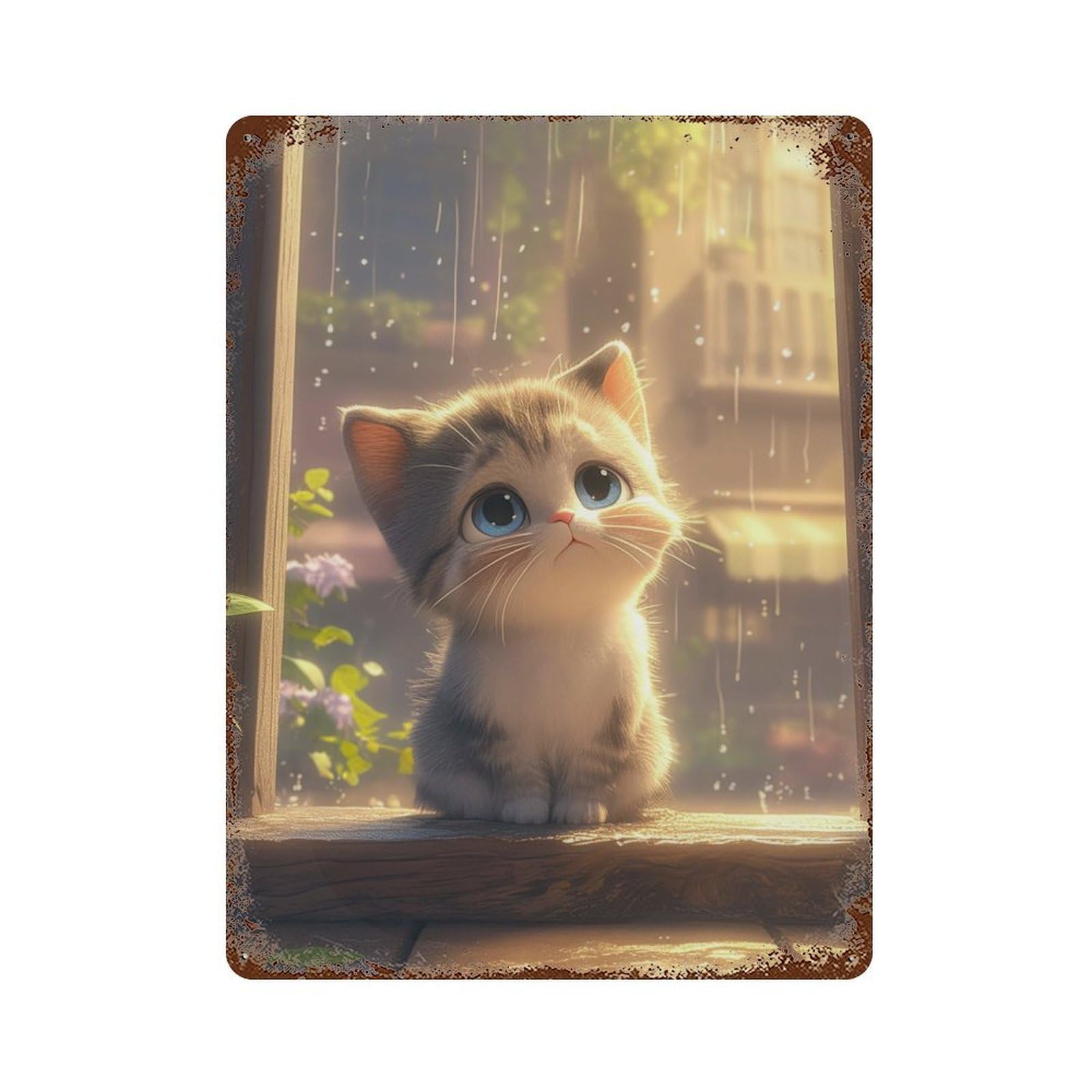 Cute Anime Kitten in Rain 15.7"x11.8" Aged Metal Wall Plaque, Novelty Wall Decor for Garage, Bar And Workshop Decor