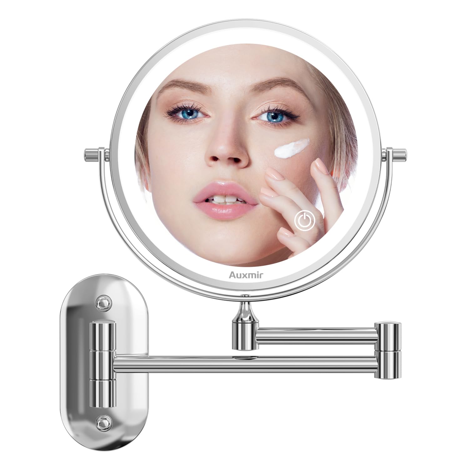 Auxmir Espejo Maquillaje con Luz Pared, 1X/10X Aumento, Espejo de Baño LED Doble Cara, 360 Giratorio, 3 Colores Brillo Regulable Brazo Extensible, SPA, Hotel, Plata