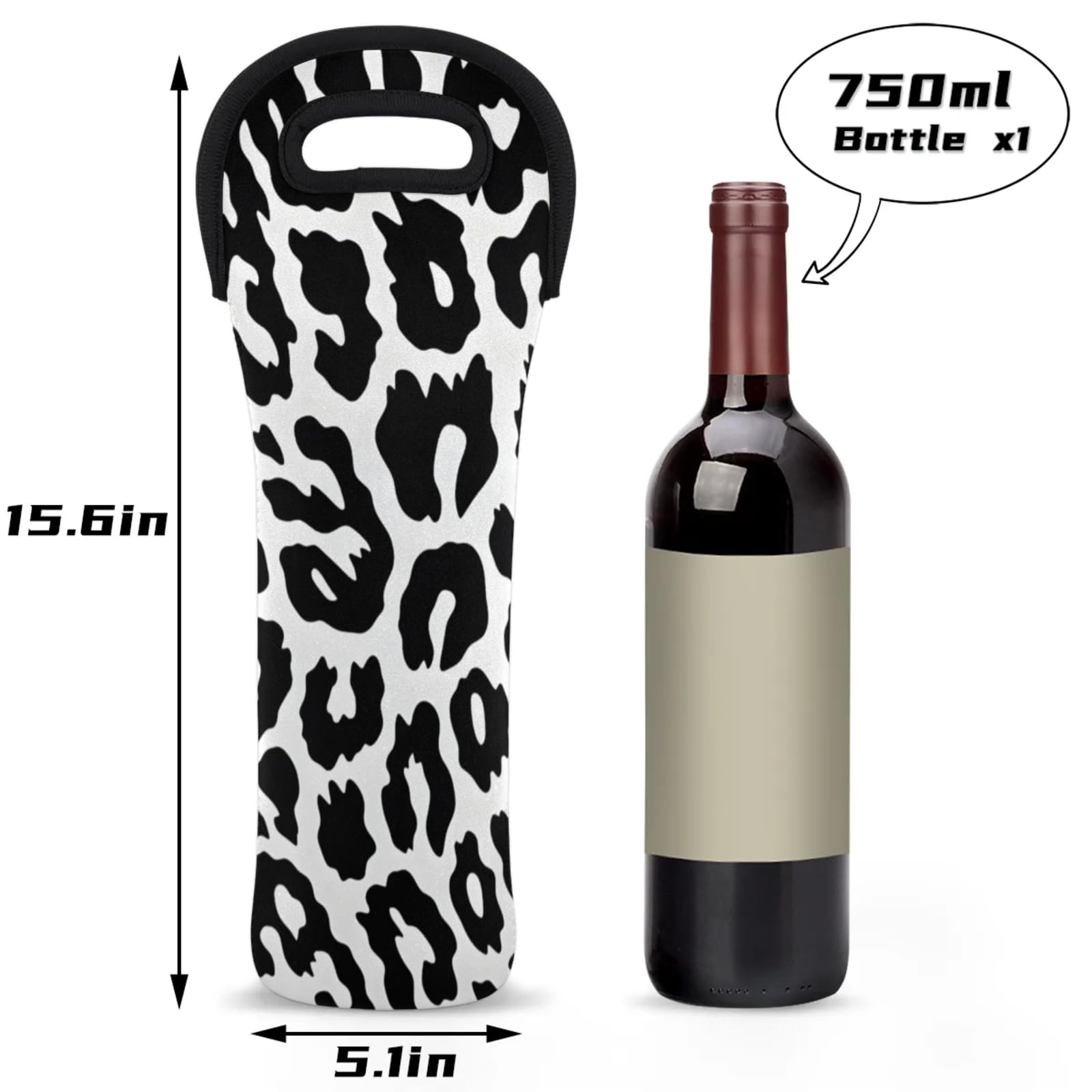 Neoprene Wine Tote Carrier Bag for Wine,Water, Champagne, Beer, Baby Bottles 15.6 x 5.1 Inches, Protective Wine Bag,Leopard Cheeth Print