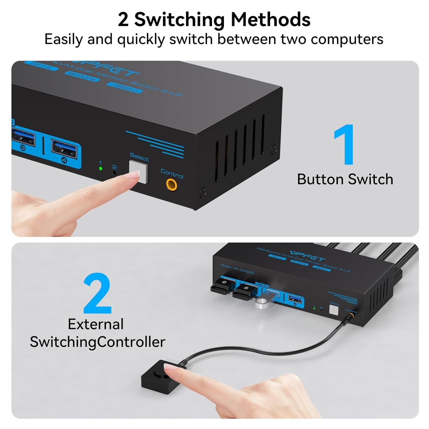 VPFET Switch KVM Displayport 8K@60Hz 2 monitor 2 computer USB 3.0 KVM Switch per 2 computer Condividi monitor doppi e 4 dispositivi USB Supporto 4K @120Hz DP 1.4 con kit esterno e adattatore 12V DC
