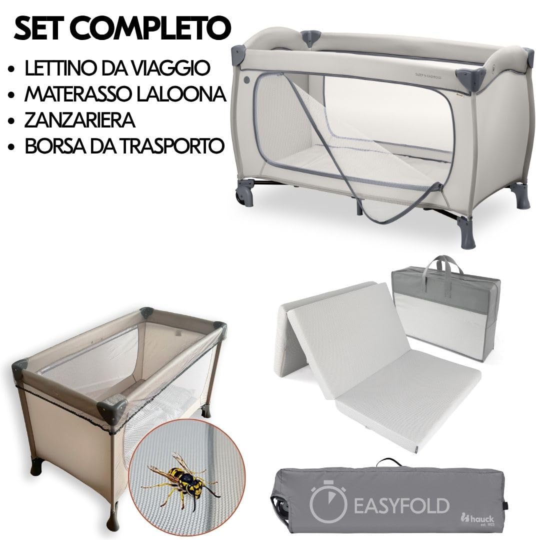 hauck Lettino da Viaggio Sleep N Easyfold con Materasso e Zanzariera, Lettino Pieghevole per Neonati con Ruote, Apertura Laterale e Borsa Trasporto, Dark Grey