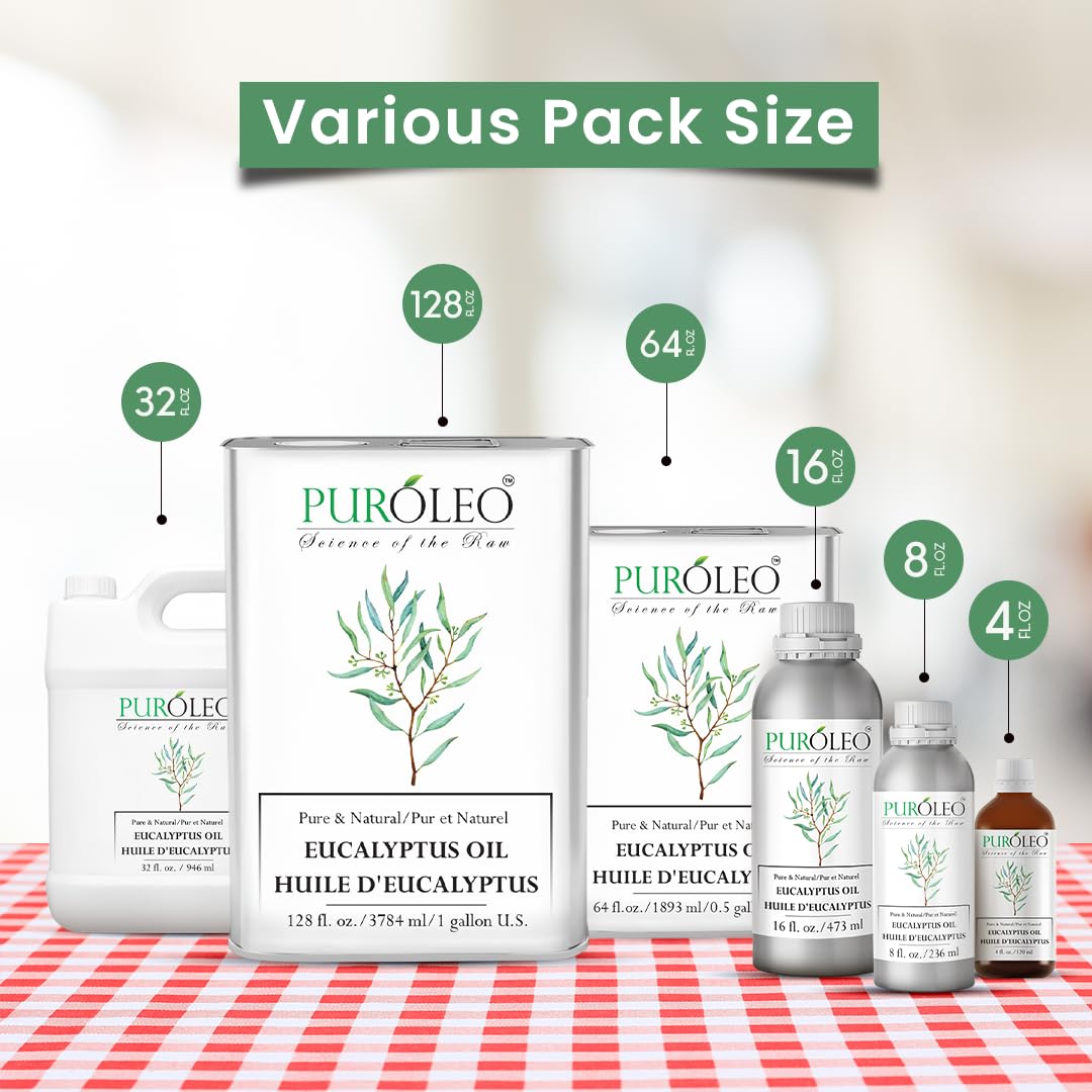 PUROLEO - Aceite esencial de eucalipto (fabricado en Canadá) 100% puro, aceite natural de aromaterapia para difusor, masaje, ducha, vaporizadores de aceite de baño (946 ml)