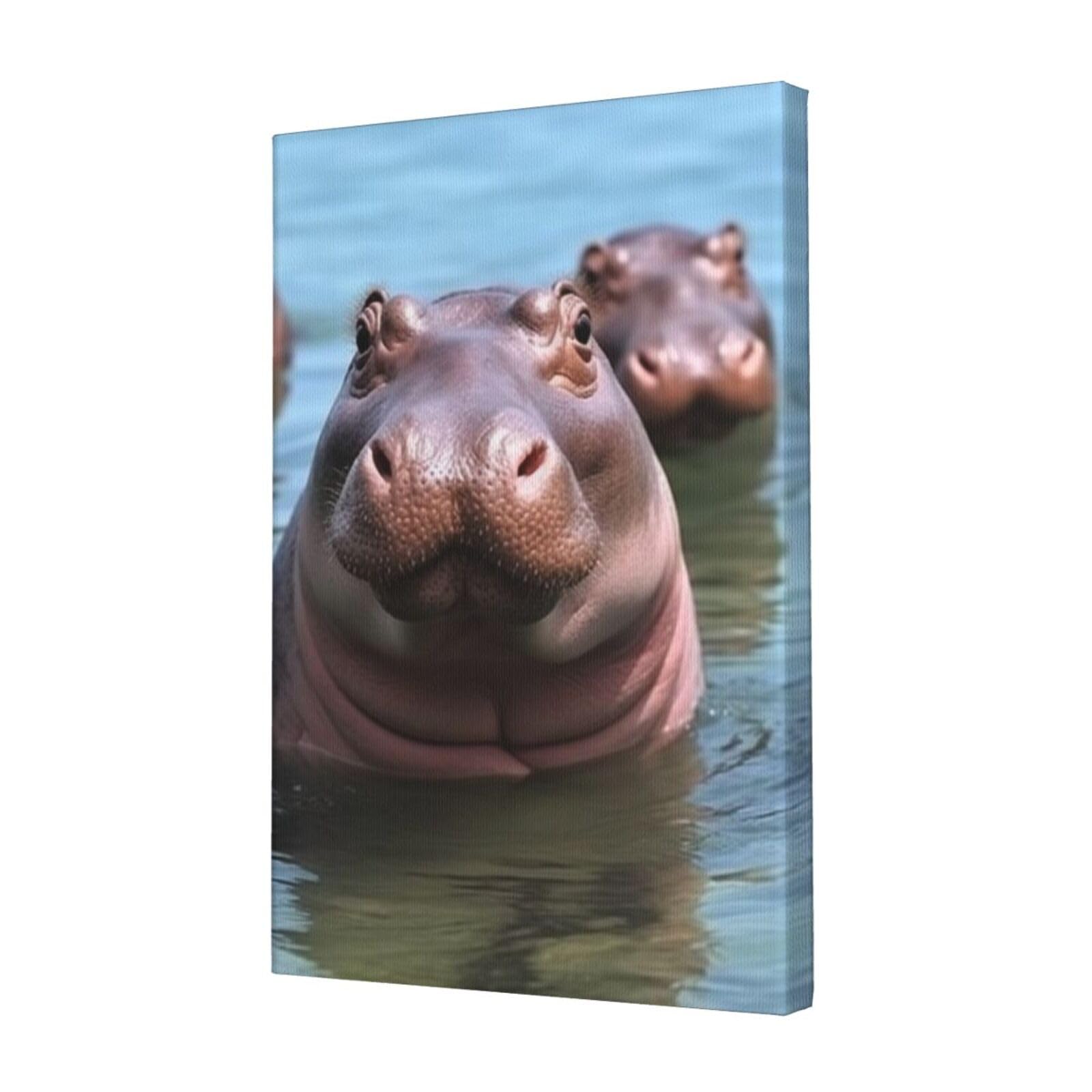 FodPand Cute Hippos Canvas Wall Art for Living Room Wall Decor 12"x18" Modern Artwork Painting Pictures Hanging Canvas Prints Aesthetic Wall Art for Bedroom Bathroom Office Wallart Decor