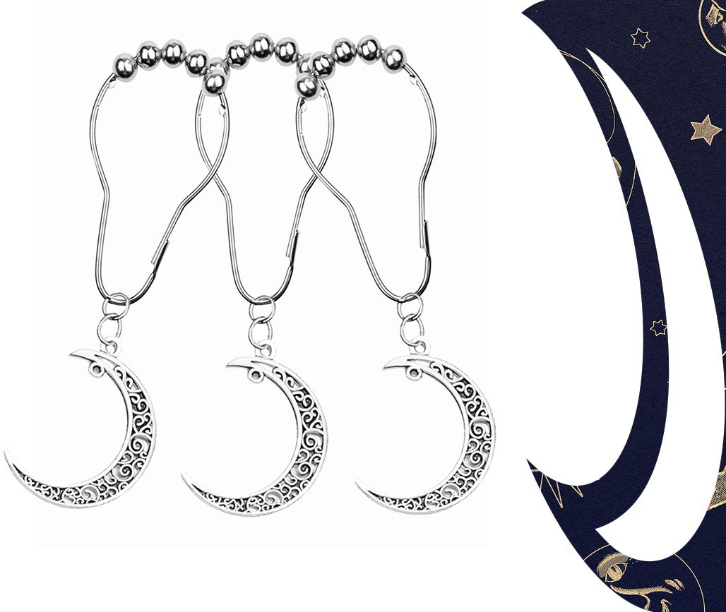Yuiviot Shower Curtain Hooks Rings?12Pack?, Decorative Moon Alloy Pendant, Gothic Bathroom Set, Silver Rust Proof Stainless Steel Hooks, Witchy Hanger, Celestial Decor, Mental Heavy Duty Roller Decor…