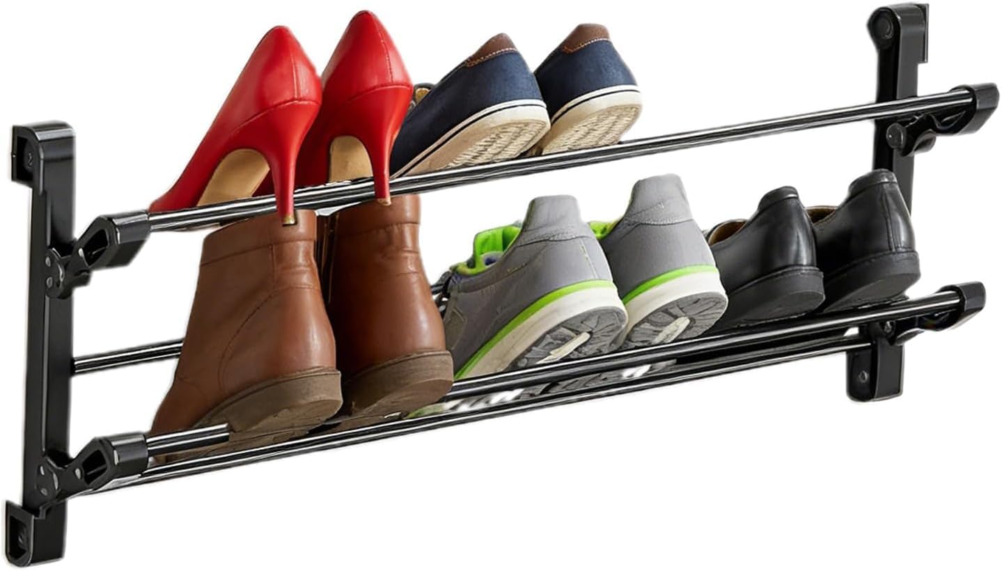 Wall Shoe Rack | 2-Tier Narrow Organizer Shelf - Space Saving Foldable Wall Mounted Shoe Storage - for Sneaker Hallway Wardrobe Bathroom Dorm 50cm Refer to Description