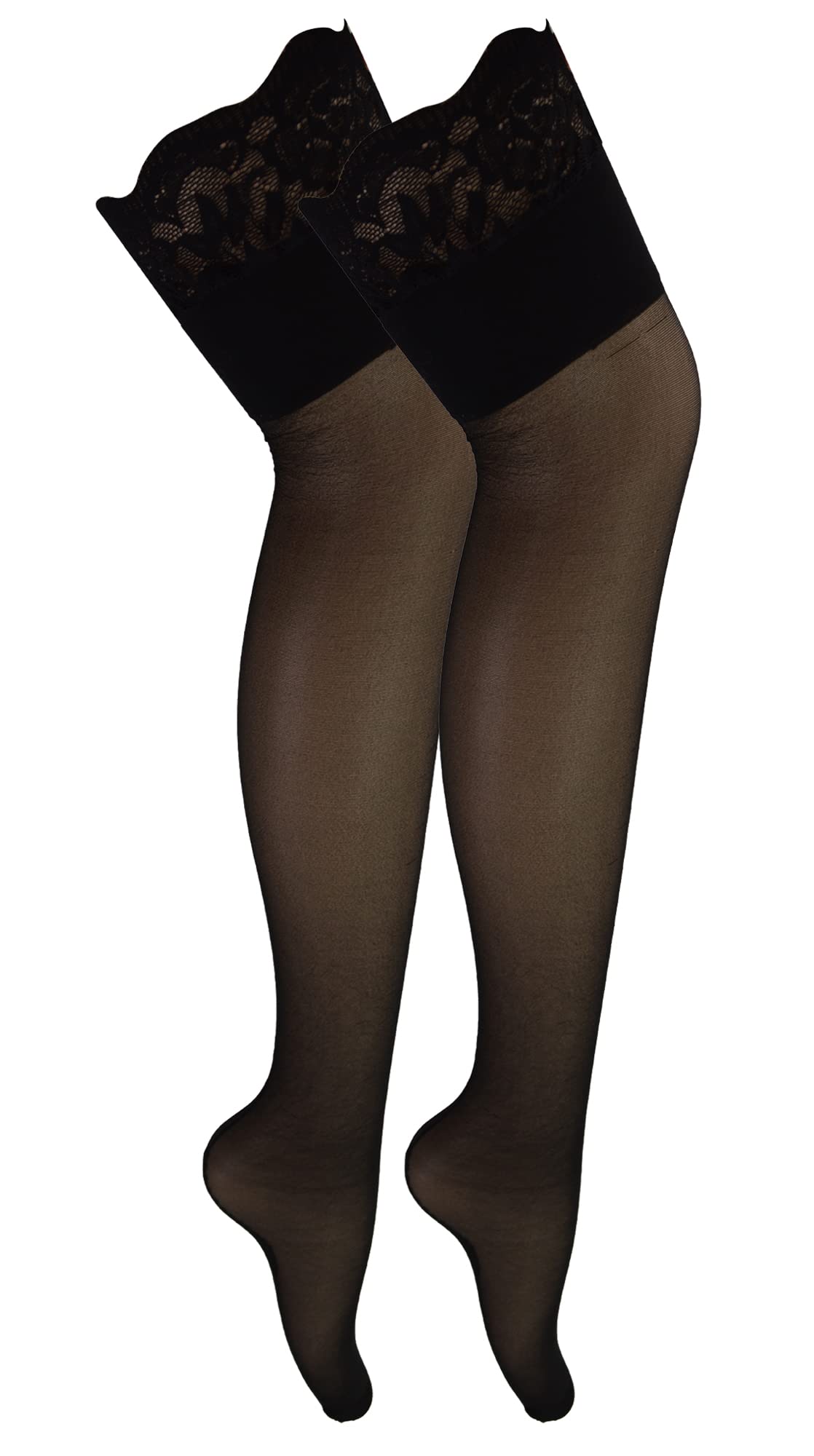 2 Pack Ladies Seamed Stockings with Lace Top - Black / XL