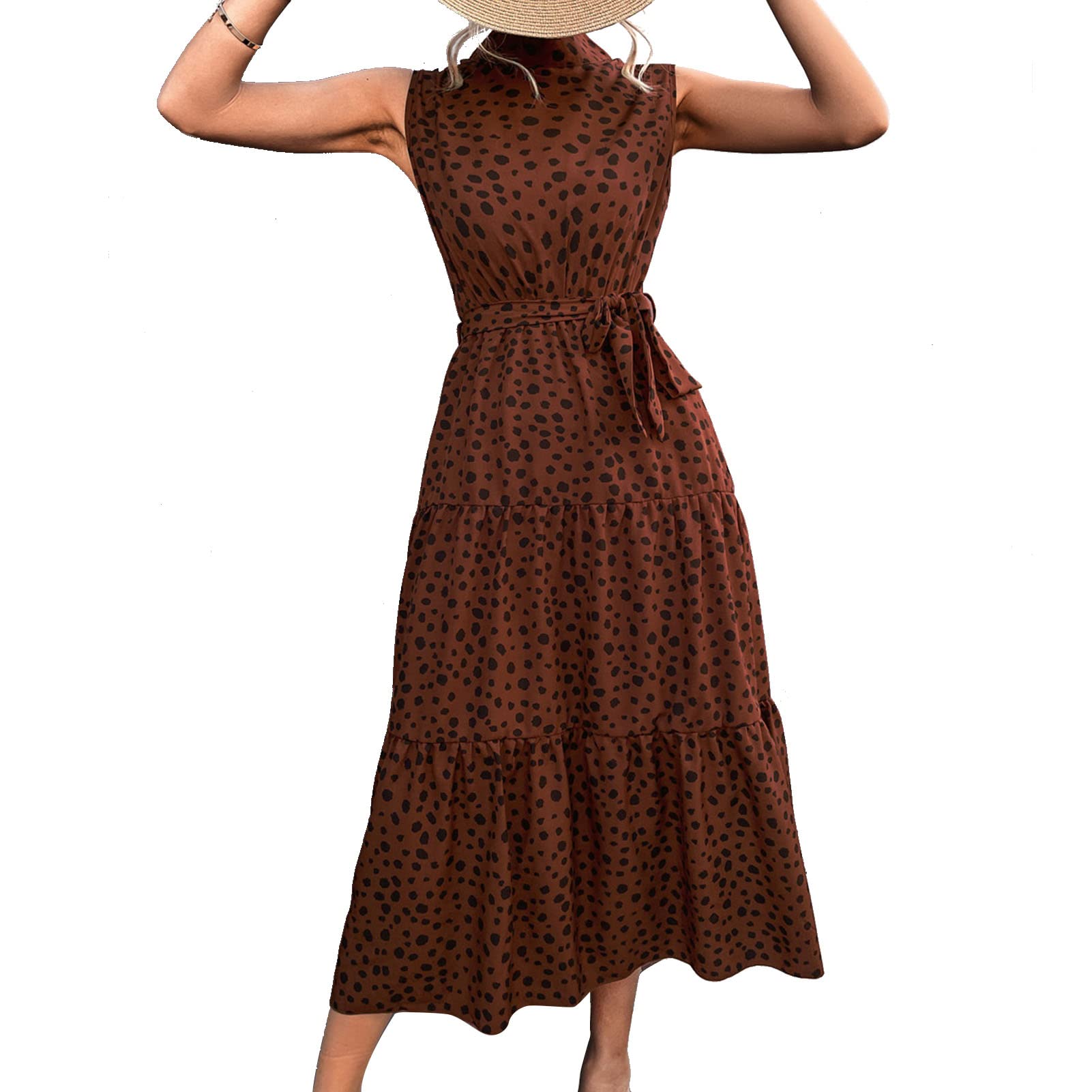 Abito con Stampa a Pois, Colletto in Basamento Senza Maniche con Cintura Abito Estivo Lungo da Donna Alta Abito Estivo Elegante Abito Lungo Collo Alto con Cintura per Feste,