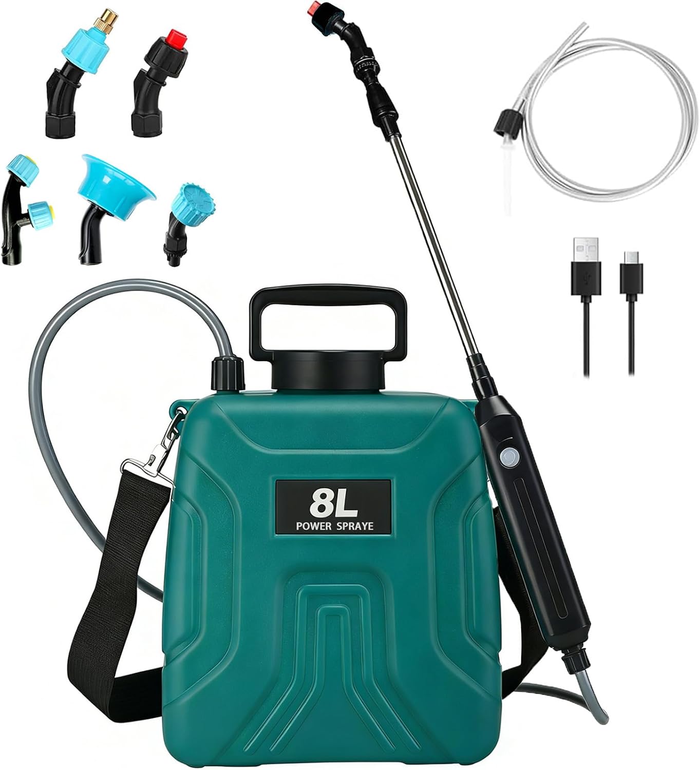 2 Gallon Battery Powered Sprayer, 2000mAh Electric Power | One-Touch Automatic Motorized Pump Extendable Stainless Steel Rod High-Versatility 5-piece Nozzle Set
