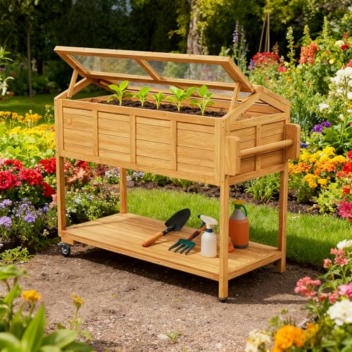 Raised Garden Beds Outdoor, Elevated Planter Box Cart On Lockable Wheels with Legs, Bed Liner,Storage Shelf,Seed Starter Tray for Backyard Patio Gardener Winter Outside (Minimalist style)