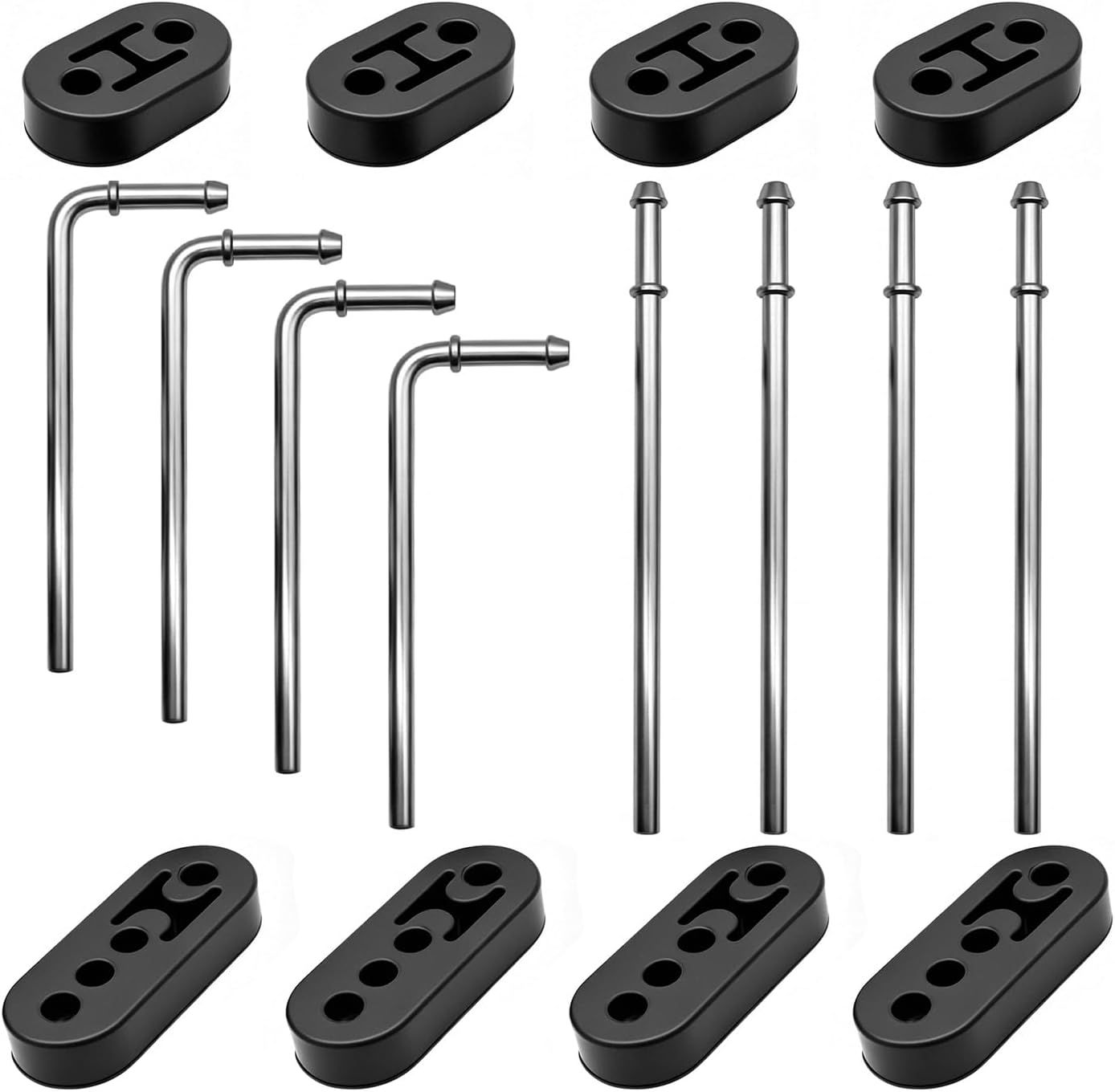 16 PCS Exhaust Hanger Rod Set, 3/8" (10mm) Heavy Duty Zinc Coated Steel Hangers, 7.6" 90° Angle & 10" Straight Rods, 2/4 Hole Rubber Insulators for Car Automotive Muffler Replacement