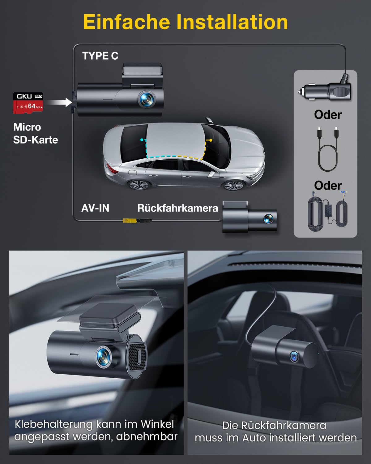 GKU 4K Dashcam Auto Vorne Hinten, 5GHz WiFi GPS, Dual Dash Cam, 1.5" IPS Mini Auto Kamera mit 64GB SD Karte, Parküberwachung, Super Nachtsicht, WDR, 170° Weitwinkel, G-Sensor, APP Steuerung