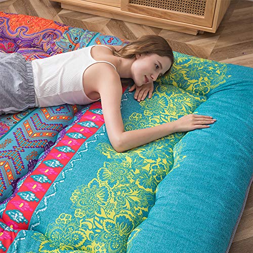 Image of MAXYOYO Bohemian Retro Floor Mattress Boho Floral Style Japanese Futon Tatami Mat Foldable Mattress Portable Camping Sleeping Pad Lounger Couch King Size
