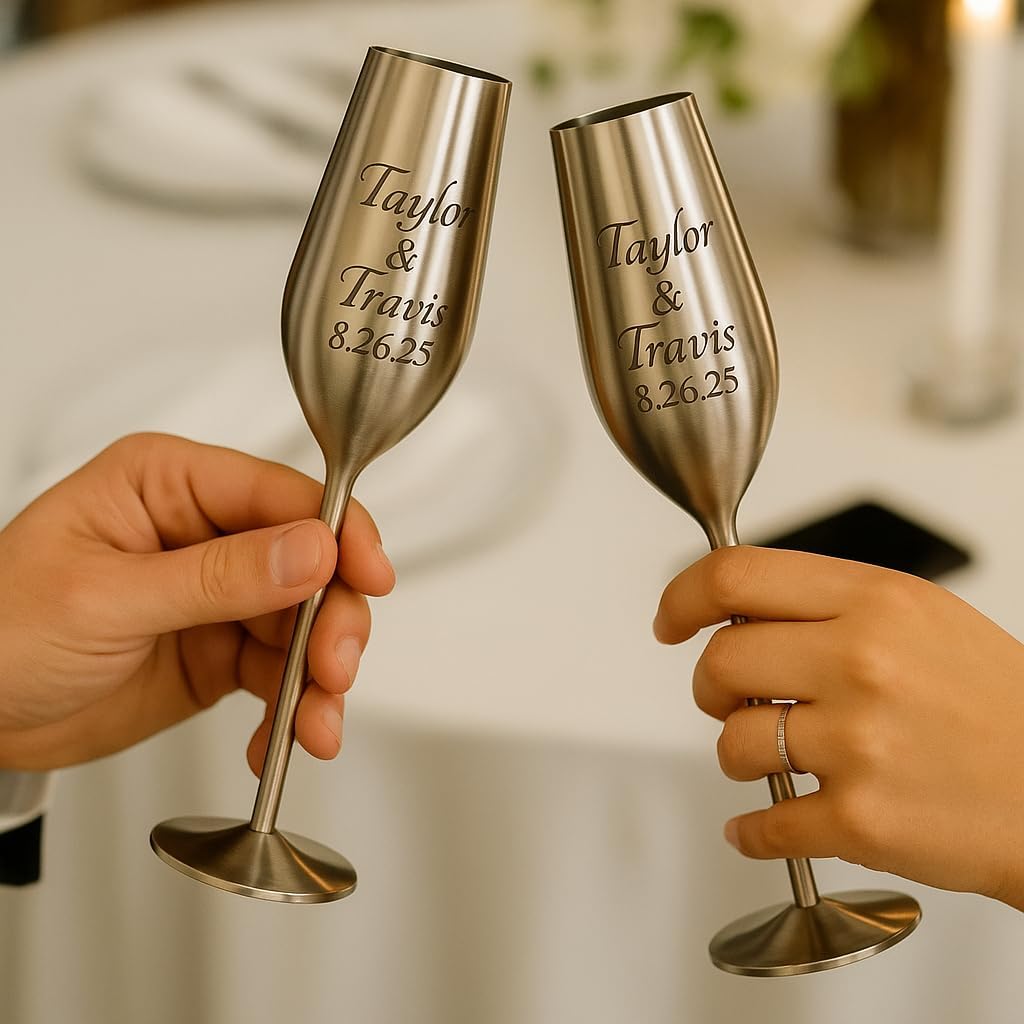 Unbreakable Custom Engraved Champagne Flutes - Personalized Gift for Birthdays, Weddings, Anniversaries, Retirements & Special Occasions - Set of 2 with Gift Box Included