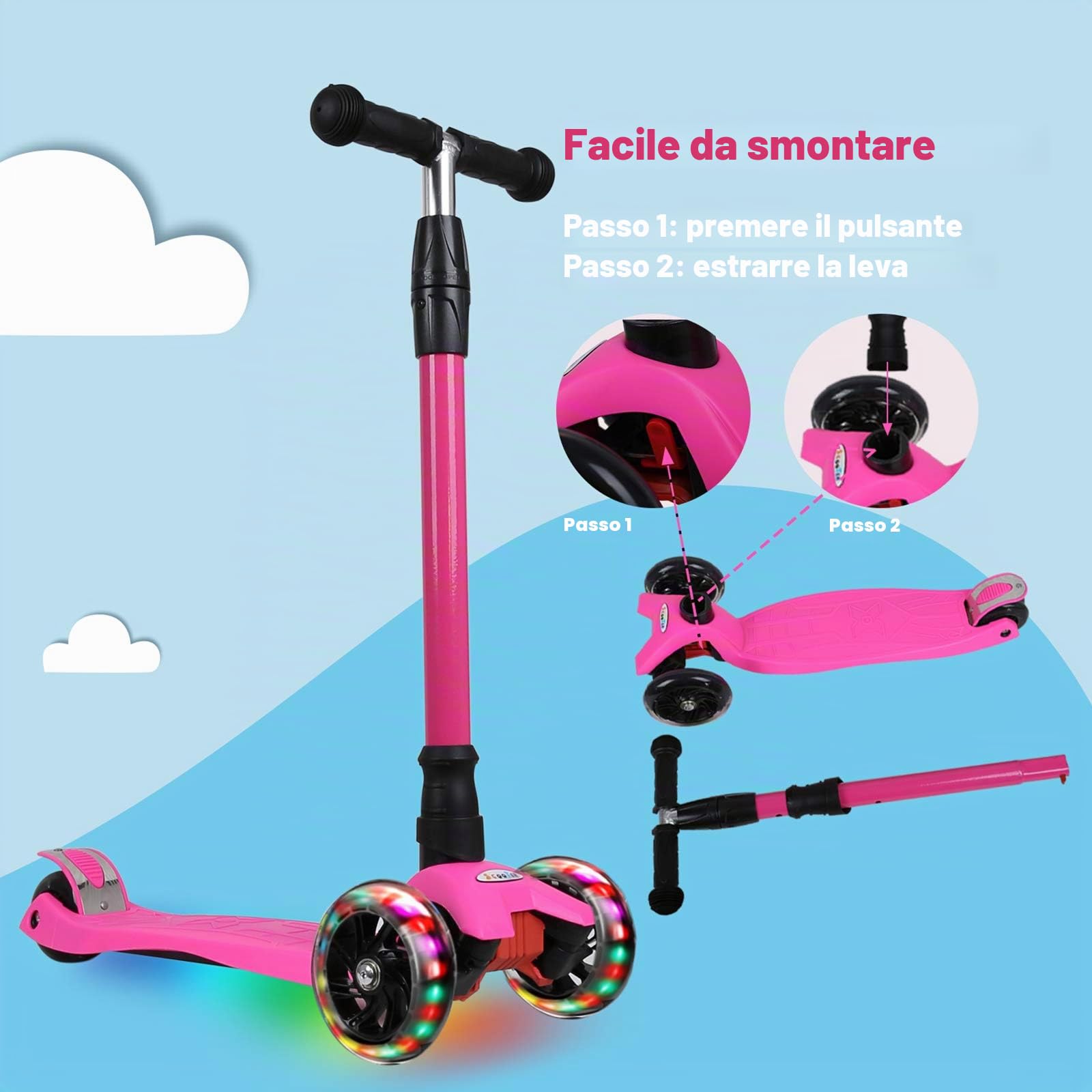 IMMEK Scooter per bambini, monopattino in poliuretano con luci a LED, scooter per bambini possono raggiungere tre altezze diverse