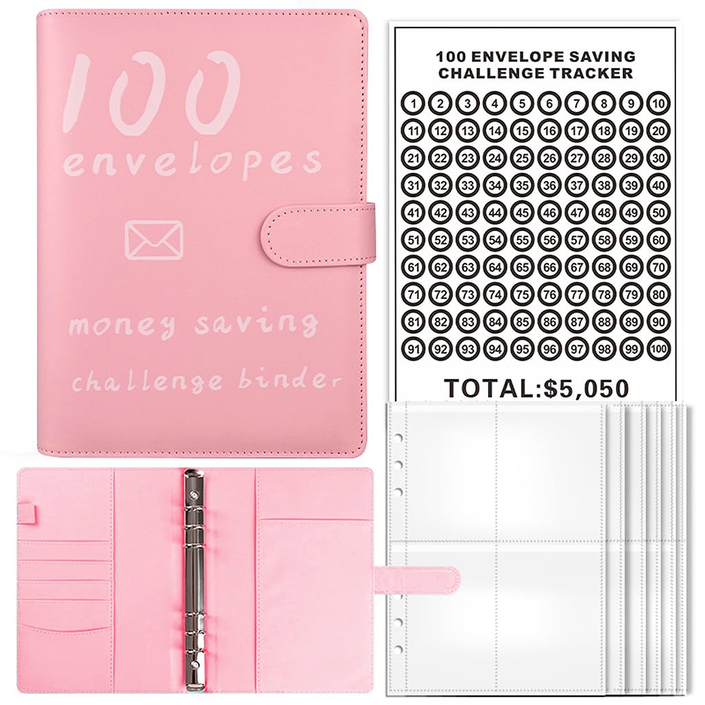 BIGTHREE Savings Book, 100 Envelopes Money Saving Challenge, Money Binder, Cash Stuffing Binder, Budget Binder with Cash Envelopes and Saving Tracker, Money Saving Box Replacement (Pink)