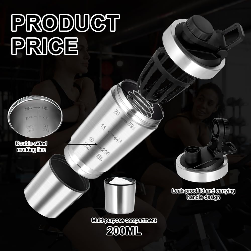 Shaker per Proteine in Acciaio Inox, 600+200ML Shaker per Proteine Fitness con Scomparto per Polveri, Senza BPA, per Palestra, Allenamento, Fitness, Sport