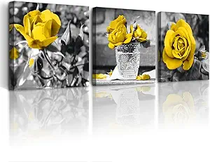 DZRWUBHS Large Size Wall Art - Modern Decor for Bedroom, Living Room, Kitchen, Bathroom - Black & White Wall Pictures - Yellow Rose Flowers - Canvas Prints - Girls Room Artwork