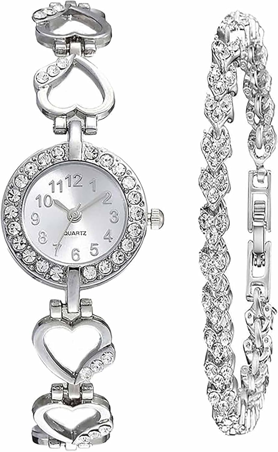 Tazweeq Luxury Women’s Watches, Rhinestone Bracelet Watches, Fashion Hollow Stainless Steel Strap Formal Watch (Silver)
