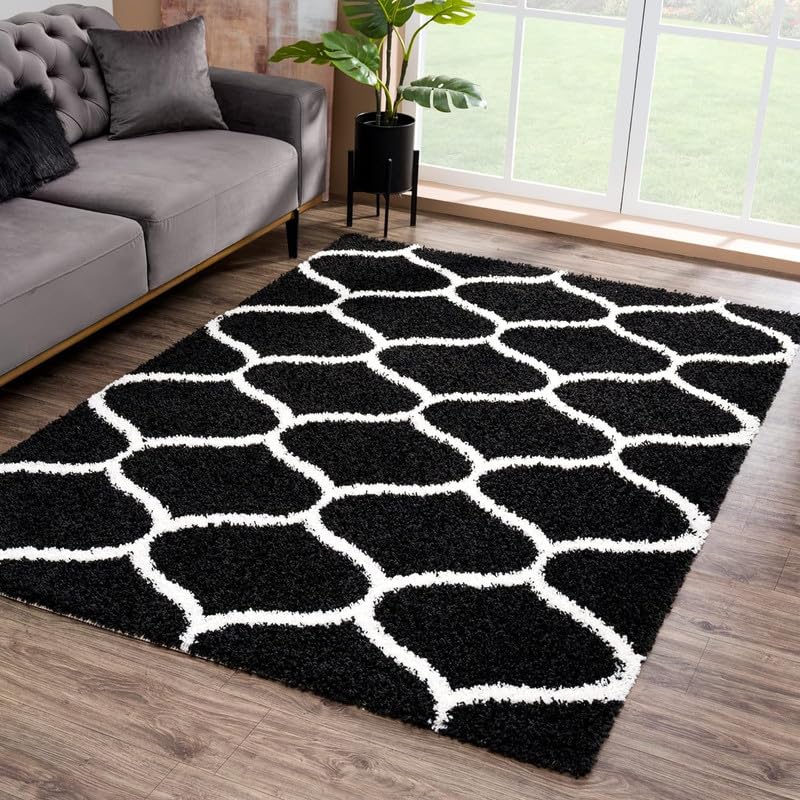 Image of SAGON Aura Plush Shaggy Carpet for Home & Bedroom | 2 Inch Pile Height Ultra-Soft Anti-Skid Floor Carpet 6 x 8 Feet Black Wave