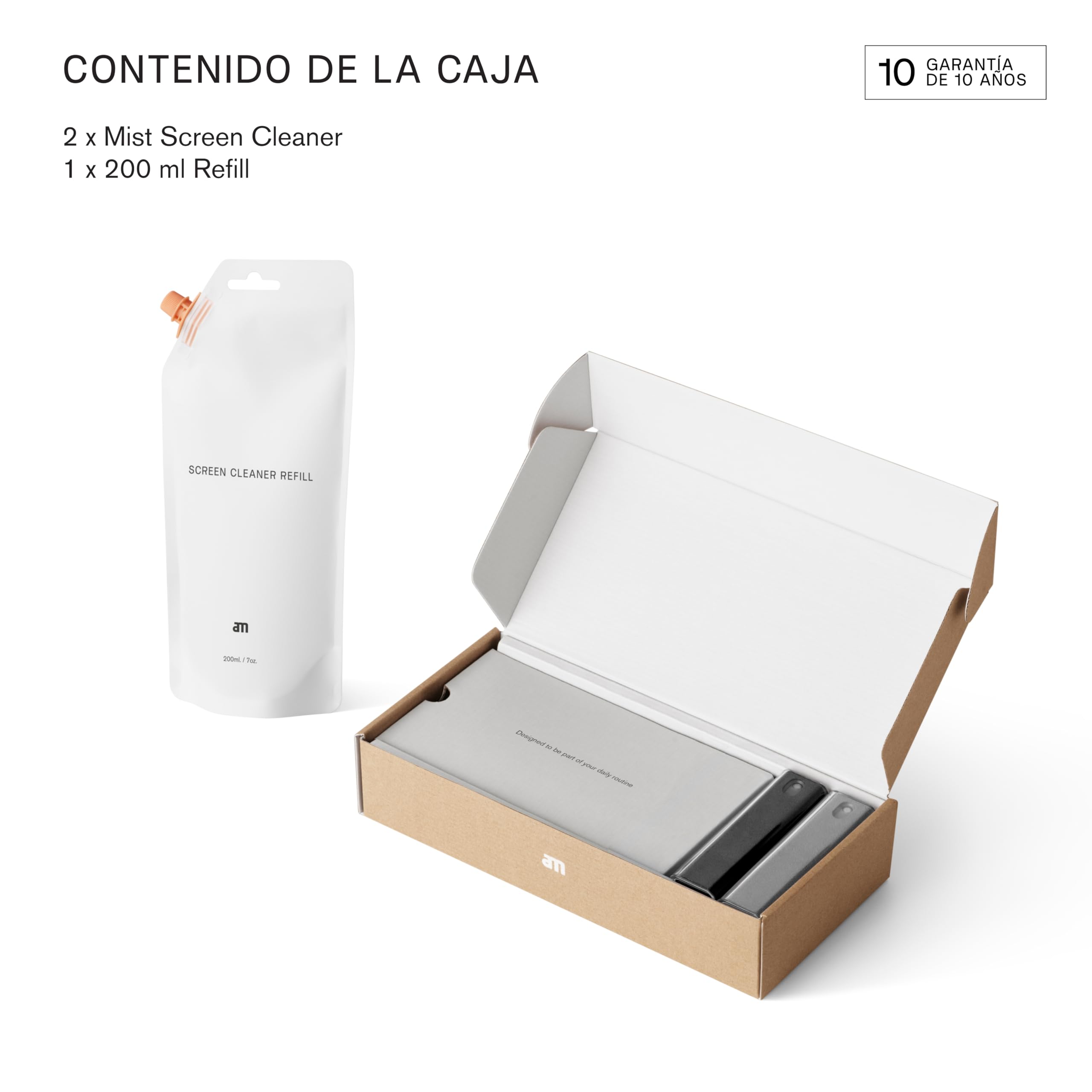am Kit Limpiador de Pantallas 2 en 1 – MIST Recargables con Botella Refill de 200 ml y Microfibra Integrada – Para Móvil, Tablet, Portátil, Monitor, TV y Pantallas de Coche (Negro, Gris, 2 Pack)