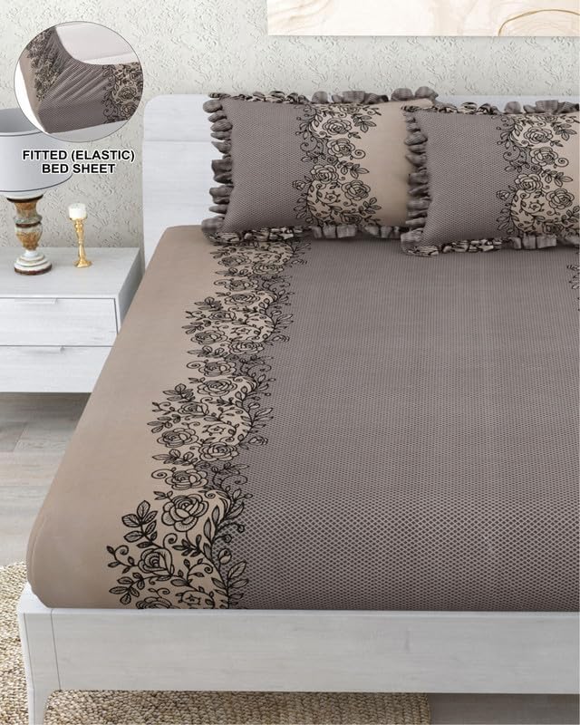 Image of 380 TC Premium Glace Cotton Elastic Fitted Bedsheet King Size with 2 Pillow Covers King Size | Double Bed with All Around Elastic (Coffee Frill, Fitted Queen-60x78)