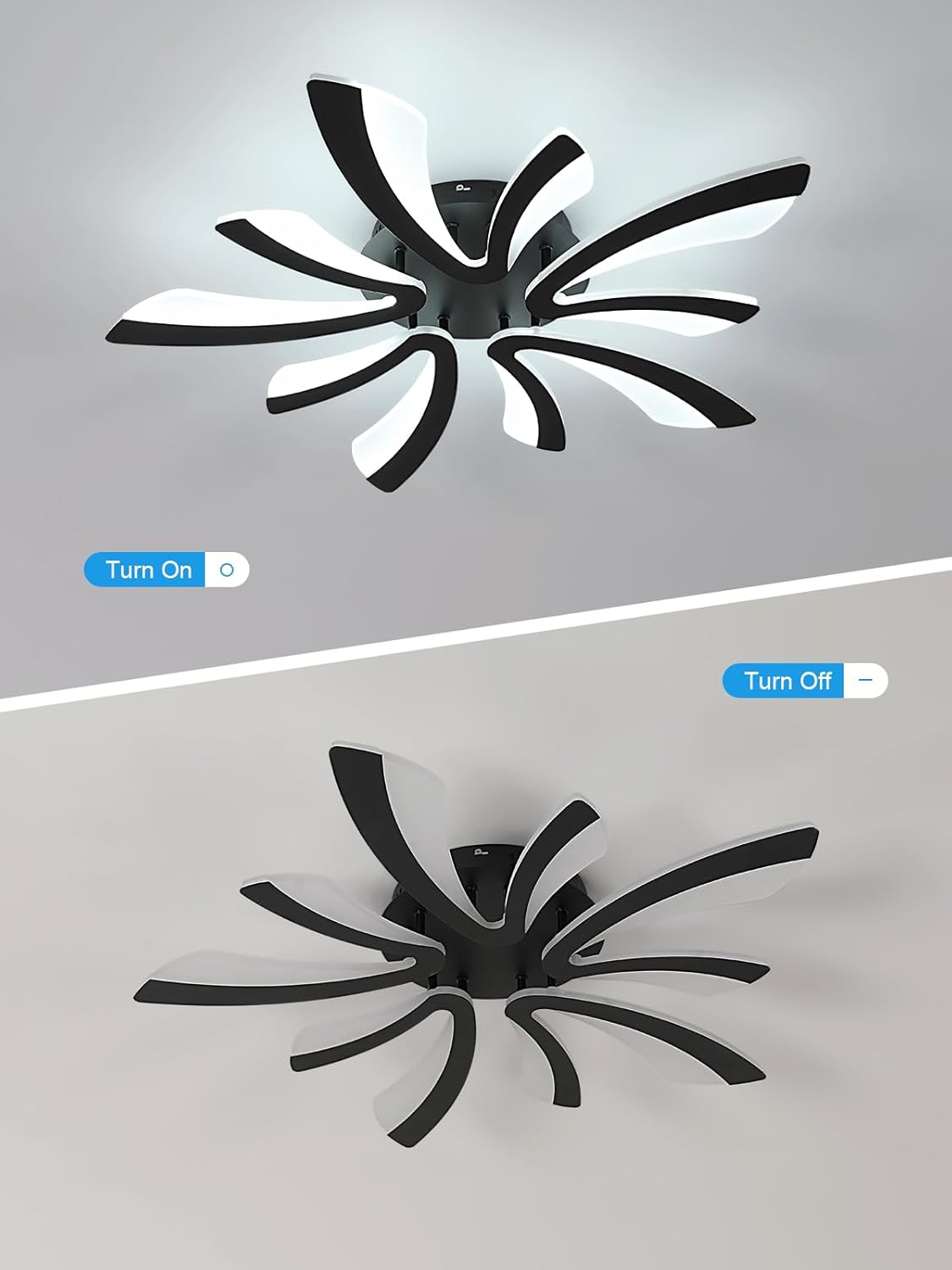 Duas imagens mostrando a luminária de teto Goeco, uma acesa com a indicação 'Ligar' e a outra apagada com a indicação 'Desligar'.