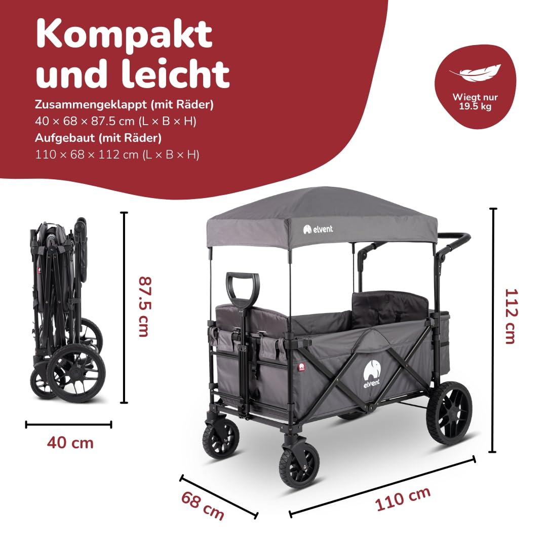 elvent® Allrounder Premium Bollerwagen - faltbar mit Dach | Sitzpolster, Hecktasche, Feststellbremse, Off-Road-Reifen, 5-Punkt-Gurt I 2 Kinder (Grau)